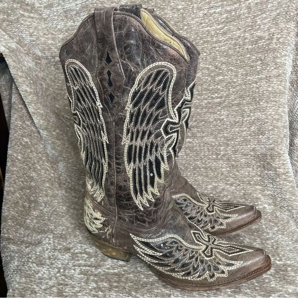 Corral Women's Boot Brown Black Size 9.5 Black Sequin Wing & Cross A1197 Leather - Picture 1 of 13